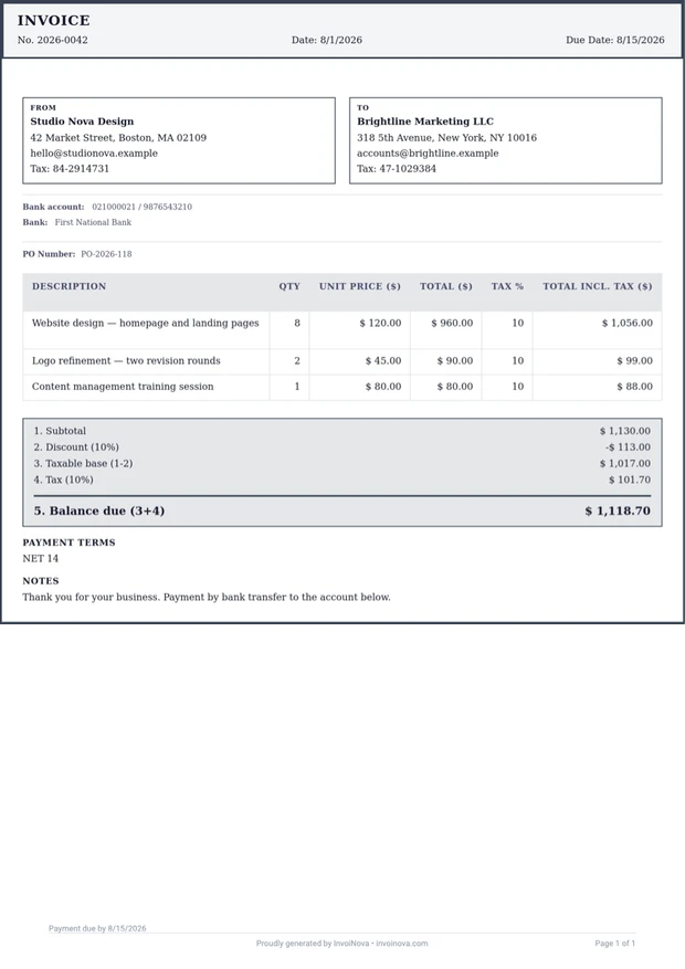 Classic invoice template preview — light grey header and table header
