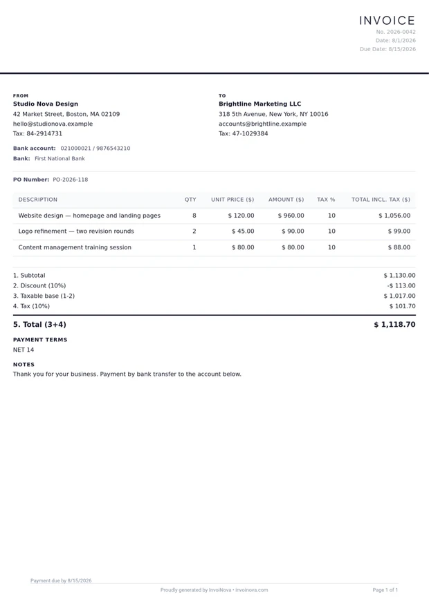 Minimalist invoice template preview — clean white layout with a thin accent line