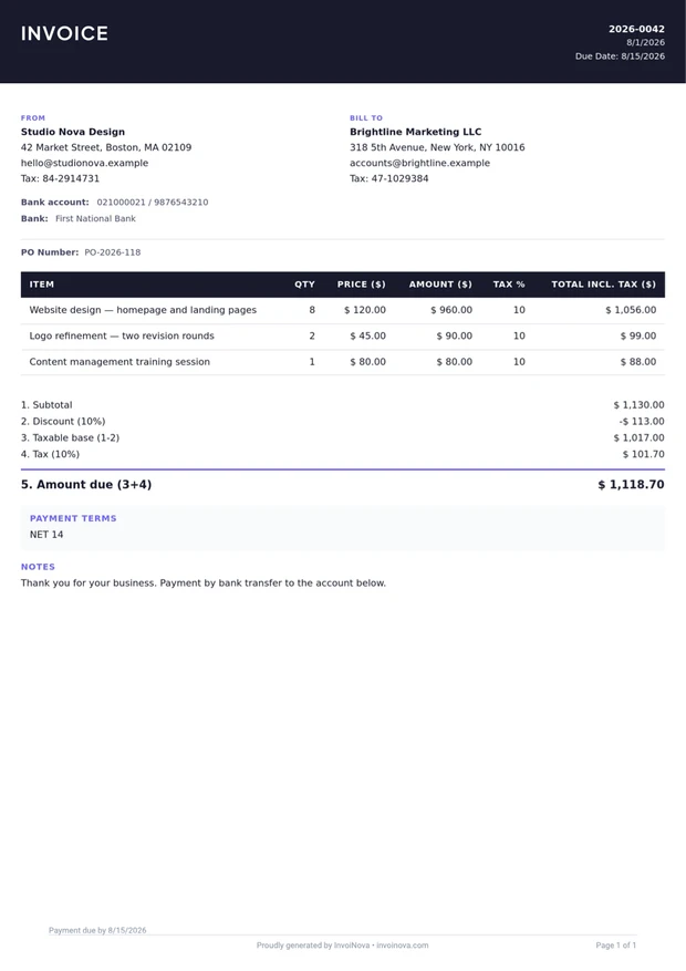 Modern invoice template preview — dark header with violet accent line